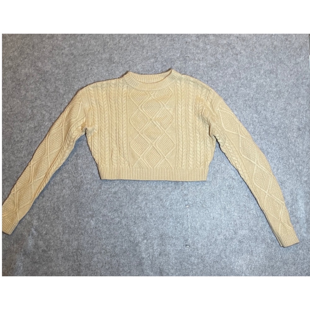 Cotton On Women XXS Cream Cable Knit Cropped Sweater Long Sleeve Crew Neck